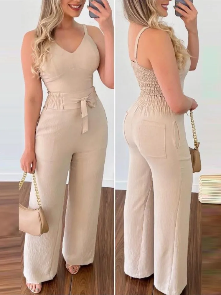

Casual Two Piece Sets Women Outifits 2023 Summer Fashion Shirred V-Neck Sleeveless Cami Top+High Waist Pocket Elegant Pants Set