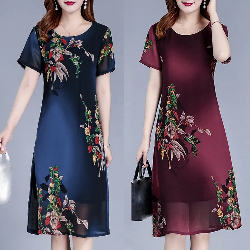 

Women's Summer Chiffon Modified Cheongsam Short-sleeved Vintage Embroidered Dress Lady Floral Party Dress Vestidos