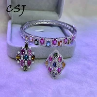 CSJ Natural Fancy Color Tourmaline Jewelry Sets Sterling 925 Silver Gemstone for Women Party Birthday Gift Box