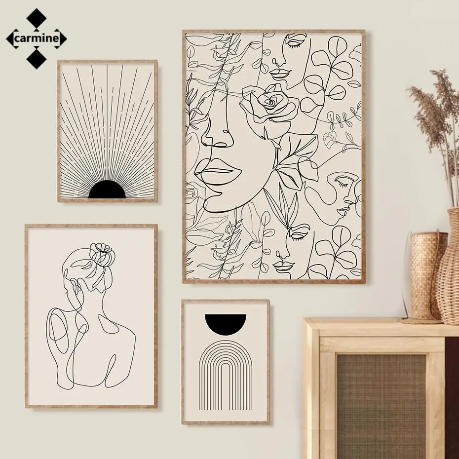 

Woman Faces Line Canvas Painting Bohemian Style Wall Art Beige Flowers Print Poster Abstract Mid Century Painting for Home Decor