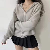 women drop shoulder zip up slouchy knit hooded cardigan chunky hooded relaxed cardigan