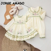 2022 spring family matching sister clothes long sleeves beige lotus romperprincess baby dress twins cute clothes outfits e9189
