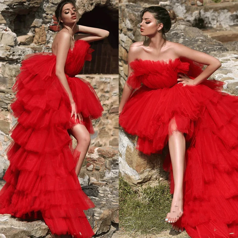 

Fashion Tiered High Low Evening Dresses Short Front Long Back Red Tulle Prom Dress Strapless Backless Sexy Celebrity Party Gowns