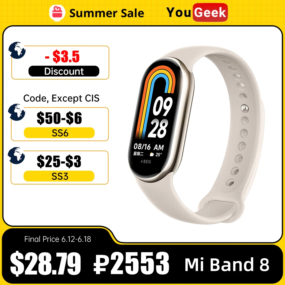

Смарт-браслет Xiaomi Mi Band 8, 1,62 дюйма, AMOLED дисплей, мониторинг сердечного ритма и кровяного кислорода, аккумулятор 190 мАч, спортивные режимы 150 +