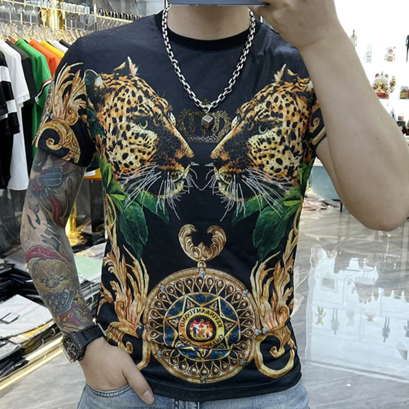 

Мужская Сетчатая футболка с коротким рукавом, Красная футболка из вискозы с принтом головы леопарда для отдыха и спорта, лето 2023