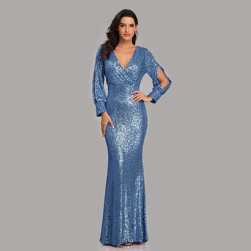 fashion elegant Long sleeve women's dress Mermaid V-neck luxury evening dress Sequin Beaded Wedding Guest Party Cocktail Dresses