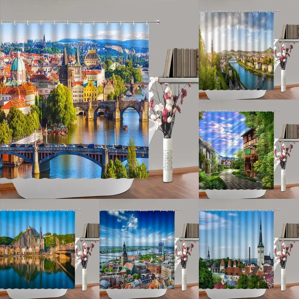 

Exotic City Scenery Shower Curtain 3D Building Bridge River Church Landscape Bath Curtains Waterproof Fabric Bathroom Decor Home