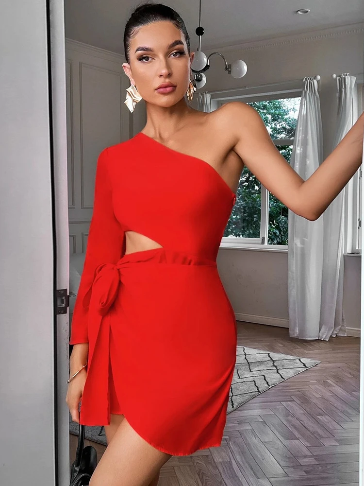

Women Solid Color One Shoulder Cut Out Mini Dress Autumn Exotic Tight Elegant Party Club Luxury Fashion Sexy Dresses Clothe 2022