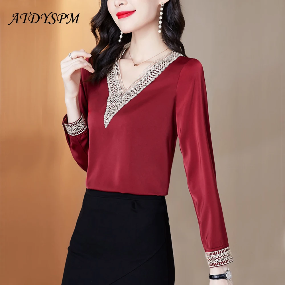 

Elegant Blouses Women Long Sleeve Embroidery V-Neck Shirt Tops Woman Blusas Mujer De Moda 2022 Korean Style Office Satin Clothes