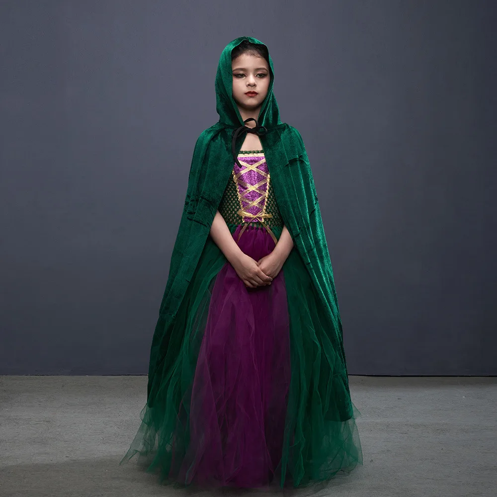 Halloween Cosplay Party Outfit for kids Death cloak suit Girls Hocus Pocus Salem Witch Sisters Costume Tutu Dresses with Cape