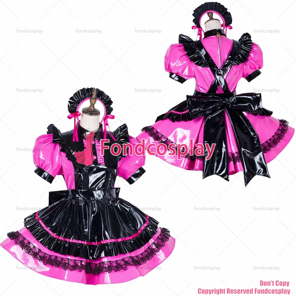 

fondcosplay adult sexy cross dressing sissy maid lockable hot pink thin PVC vinyl dress Uniform black apron CD/TV[G1790]
