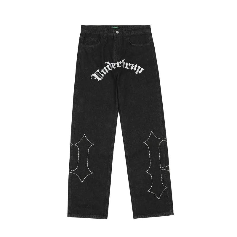 Y2K Men Jeans High Street Hip Hop Vibe Black Jeans Men and Women The Same Loose Embroidered Street Casual Pants Ins Tide Brand