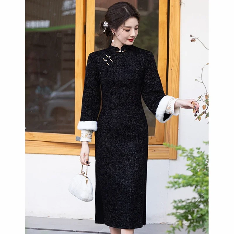 Плюс размер сексуальный тонкий Cheongsam осень-зима женский длинный Ципао помолвка