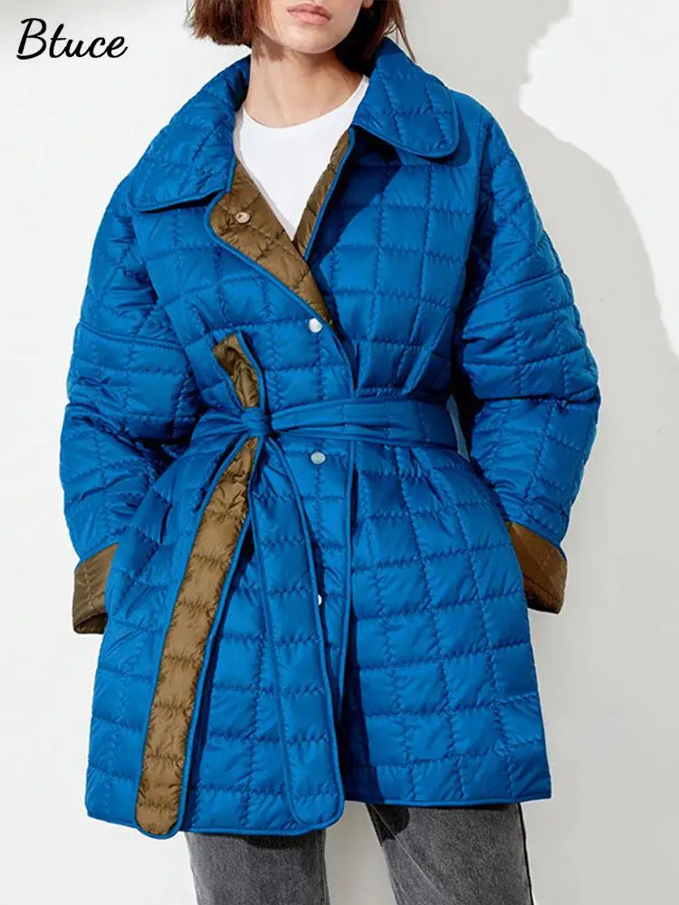 

2022 Winter Women Solid Chic Lapel Reversible Jackets Fashion Single Breasted Square Midi Coat With Belt Female Thick Warm Caots