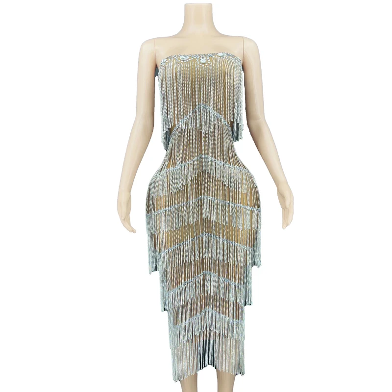 

New Sexy Full Rhinestone Tassel Dress Women Birthday Singer Costume