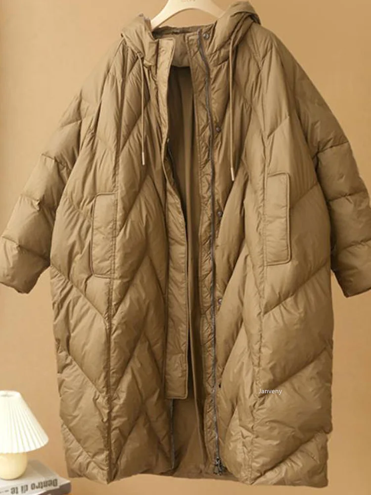 Janveny Women Loose Long Coat 90% White Duck Down Jacket Women Winter Female Overcoat Winter Hooded Puffer Feather Parkas enlarge