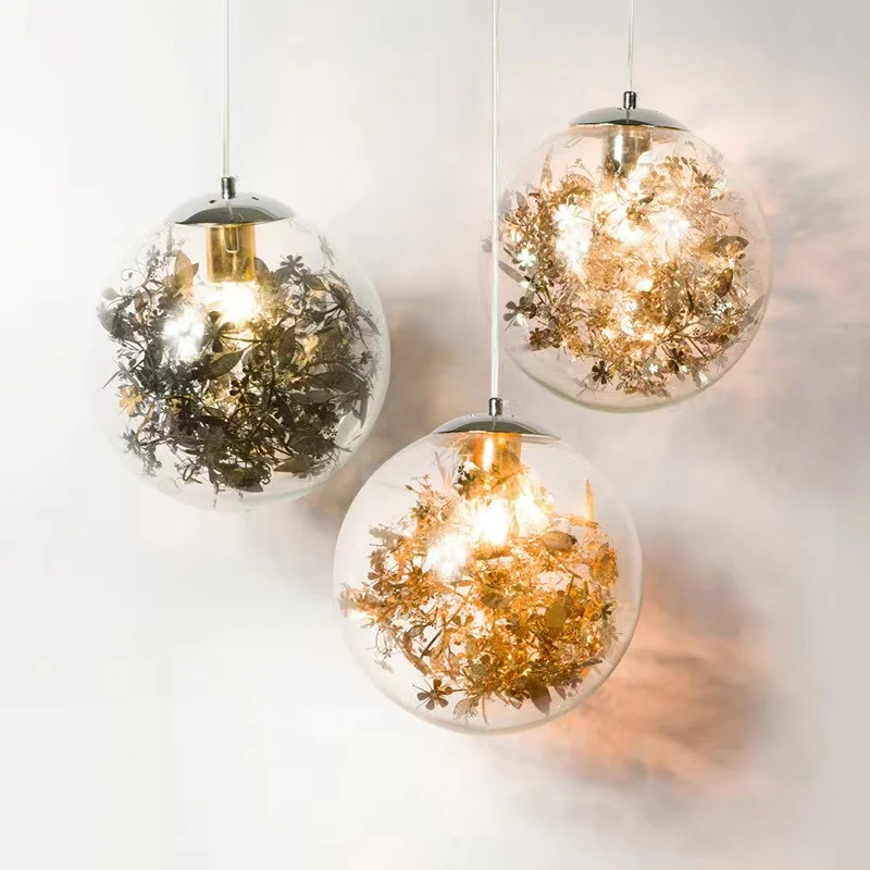 Clear Glass Ball Pendant Lights Flowers Leaves Christmas Gold Silver White Black Hanging Led Chandelier Kitchen Bedroom