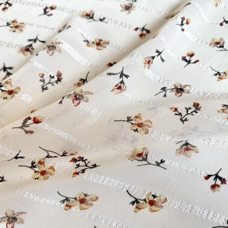 

NO73 2023 New Semi-transparent Micro Stretch Apricot Horizontal Stripe Jacquard Small Floral Print Chiffon Fabric For Women