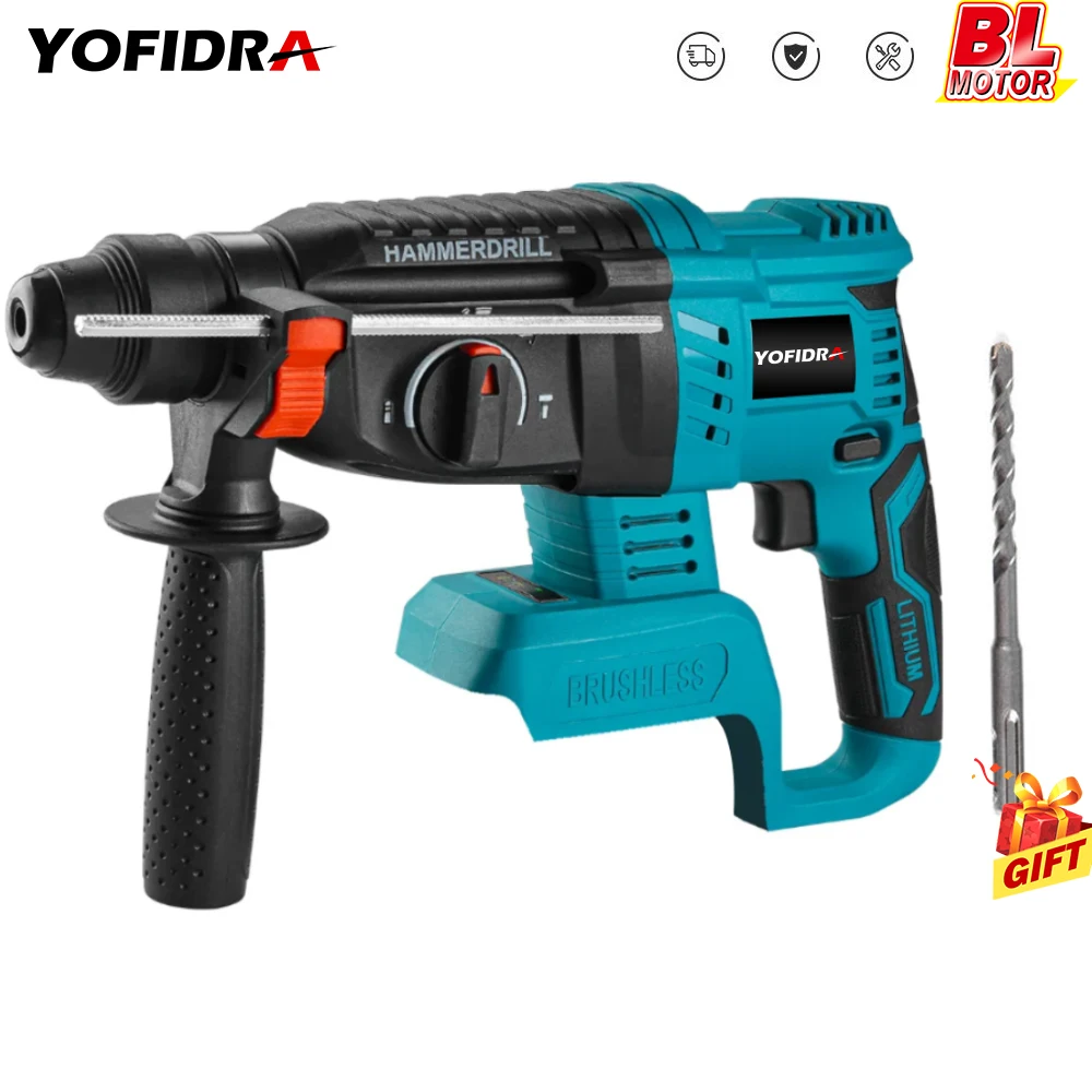 Yofidra 26mm Cylinder Brushless Motor Electric Hammer Drill with Drill Bits.for Makita 18V Battery Cordless Impact Rotary Drill