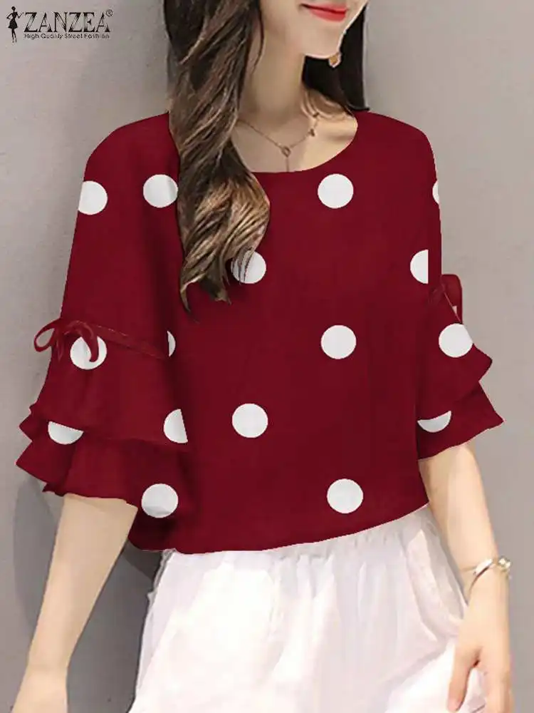 

2023 Spring Summer ZANZEA Women Blouses Elegant Tops Polka Dots Printed Flounce Half Sleeve Female Blusas Casual Lace-Up Tunic