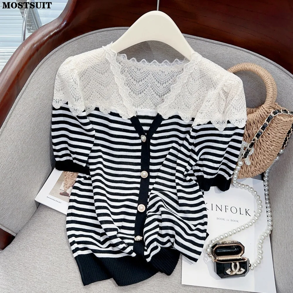 

Женский кружевной свитер с V-образным вырезом, элегантный вязаный свитер из вискозы, винтажный стильный Шикарный джемпер в Корейском стиле с коротким рукавом, лето 2023