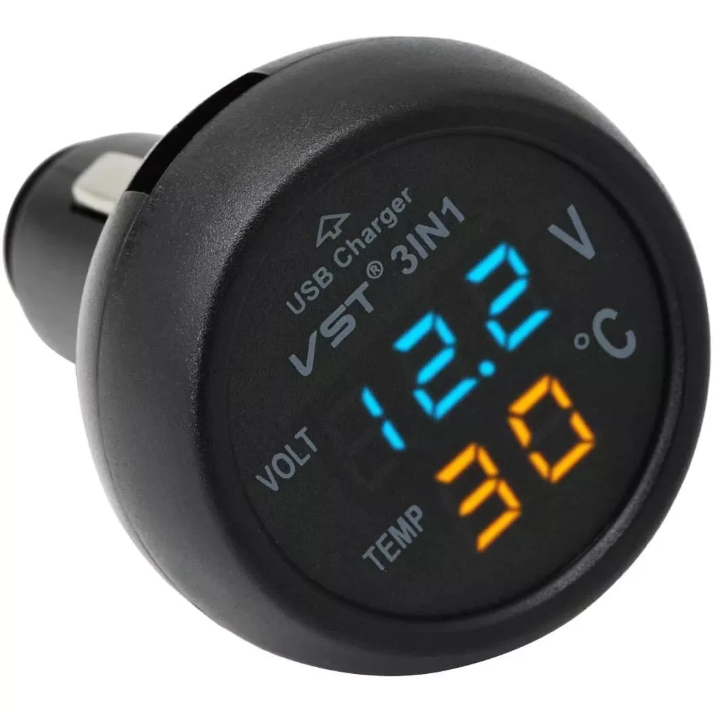 

12V/24V Digital Meter Monitor 3 in 1 LED USB Car Charger Voltmeter Thermometer Car Battery Monitor LCD Digital Dual Display