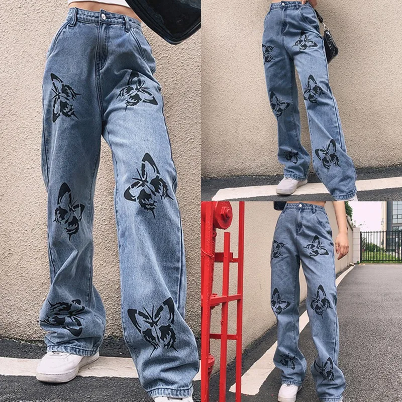 

Hot Kf-Vintage Jeans Women Long Trousers Cowboy Female Loose Streetwear Butterfly Print Pants