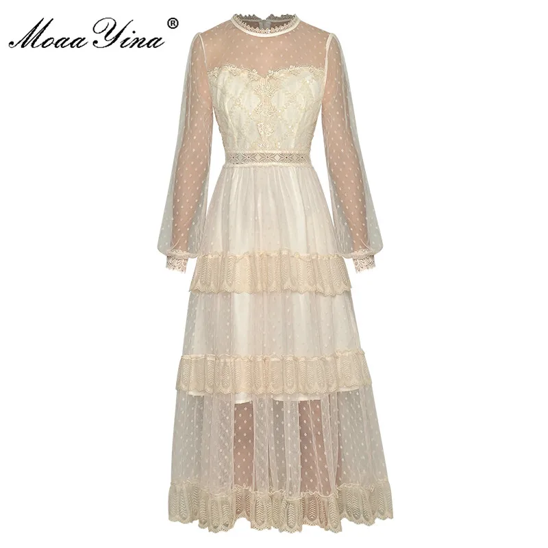 

MoaaYina Fashion Runway Summer Dress Women's Lantern sleeve Polka Dot Sequin Hollow out Mesh Vintage Lady Party Midi Dresses