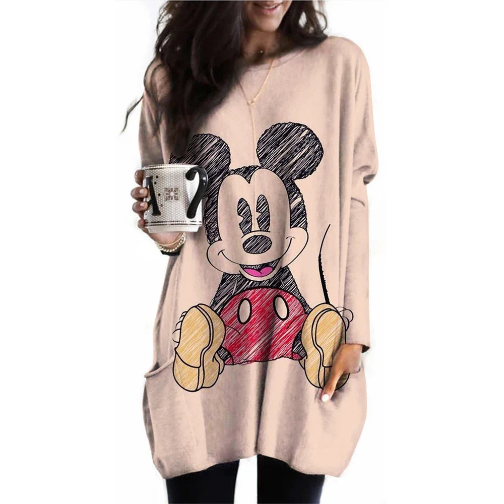 Camiseta con estampado de Mickey Mouse Disney para mujer ropa informal manga larga bolsillo Топы Vintage nueva