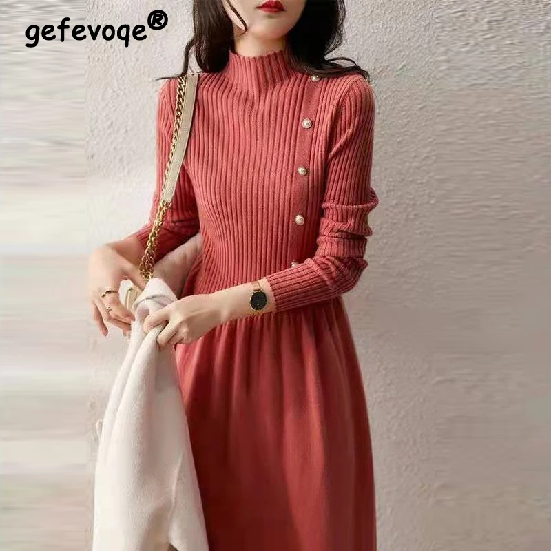 Женское трикотажное платье-свитер средней длины элегантное однотонное