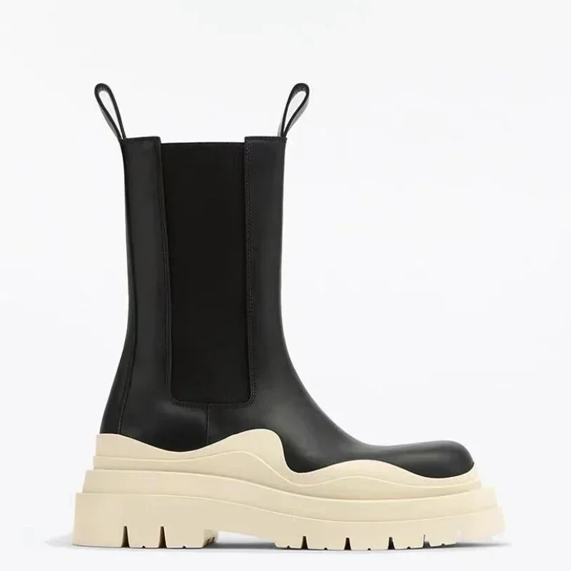 

Winter Luxury Brand Beige Leather Platform Boots Women Wave Sole Ankle Boots For Women Chunky Heel Slip On Women Chelsea Boots.