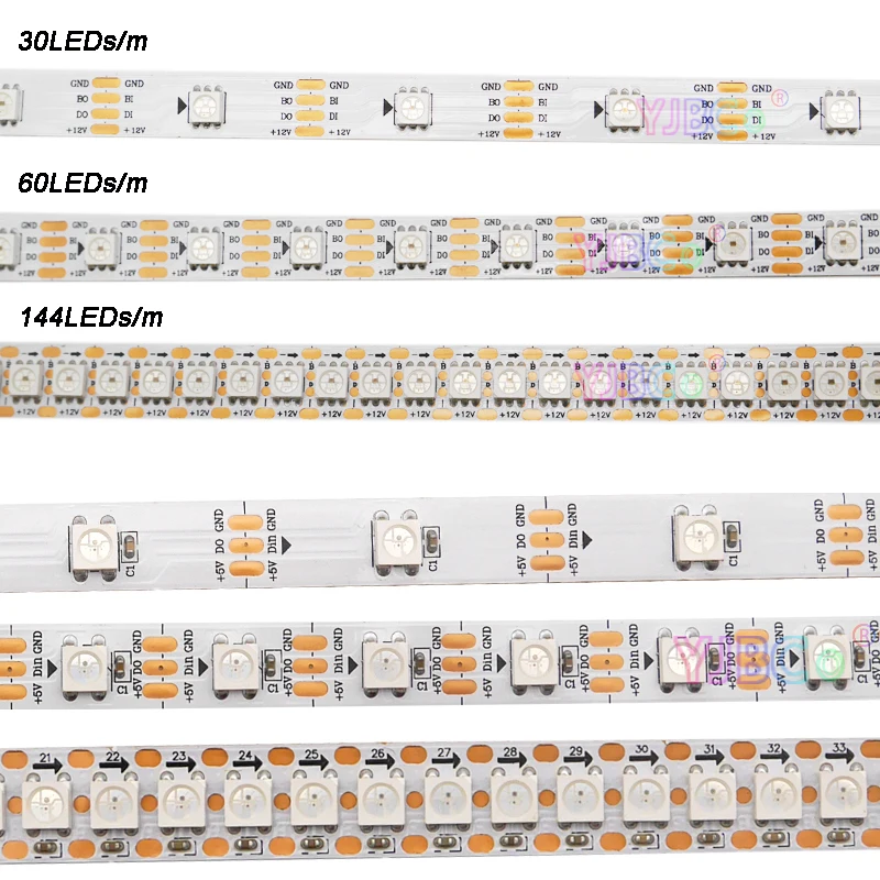 WS2812B WS2815 SK9822 5050 RGB LED Strip 30/60/144 pixels/m DC 5V 12V WS2812 Smart Lights Tape IP30/65/67 White/Black Magic Bar