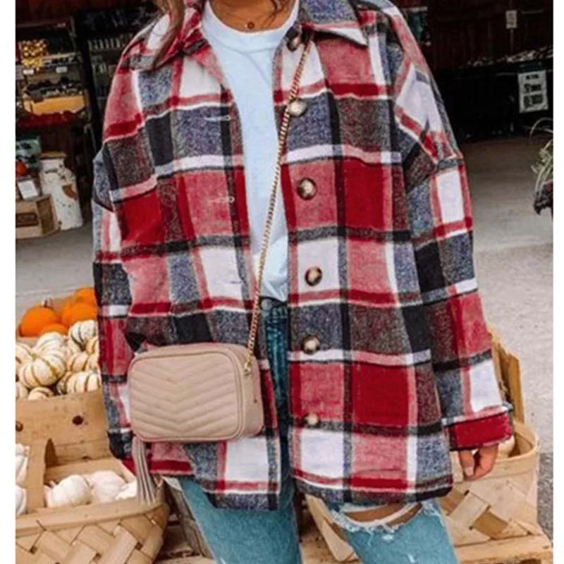 

Casual Loose Women Plaid Shirt Jacket 2021 Autumn Winter New Turn-down Collar Single Breasted Long Sleeve Coat