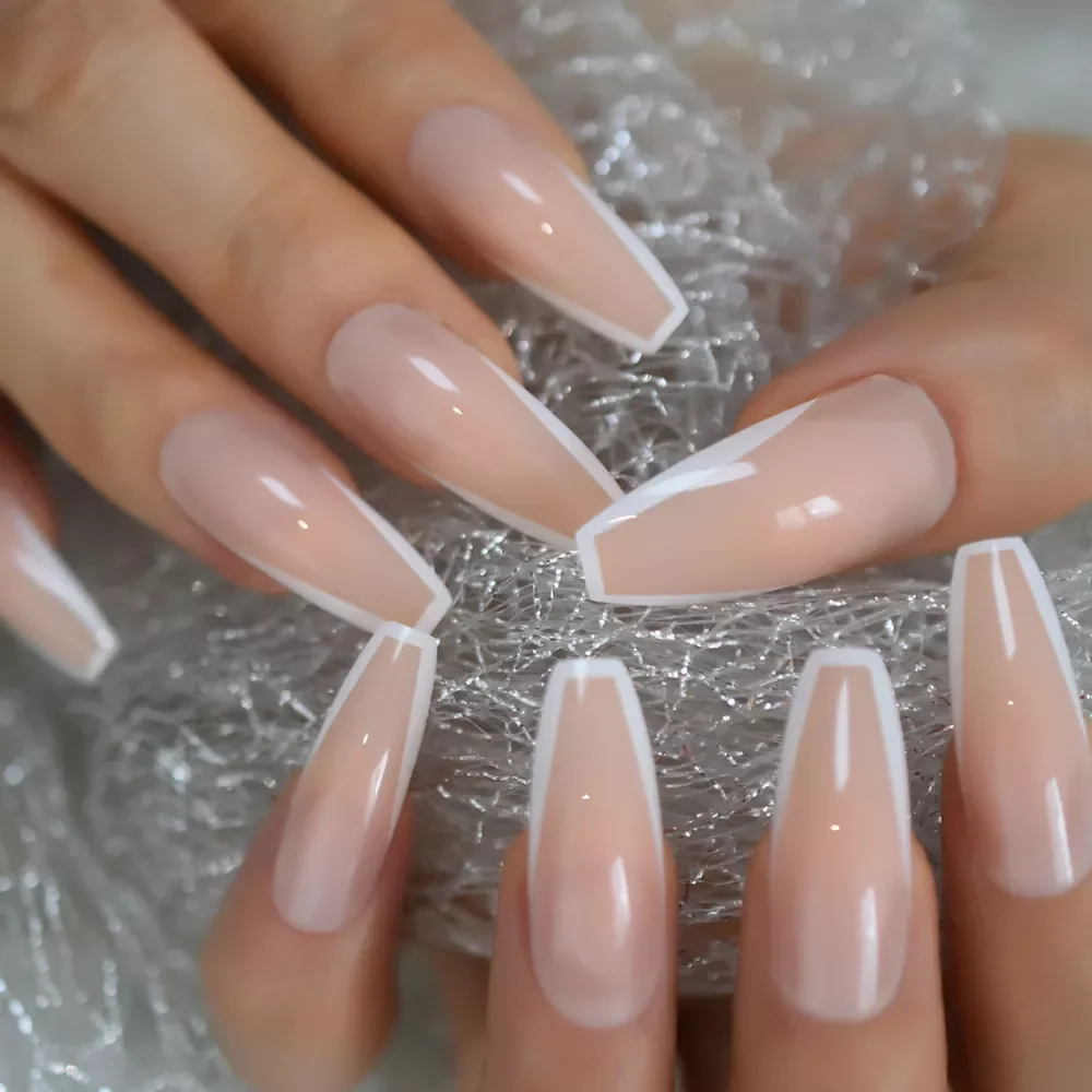 

NEW2023 White French Press on False Nails Extra Long Coffin Ballerina Shape Gel Nude Fingersnails Free Adhesive Tapes 24pcs