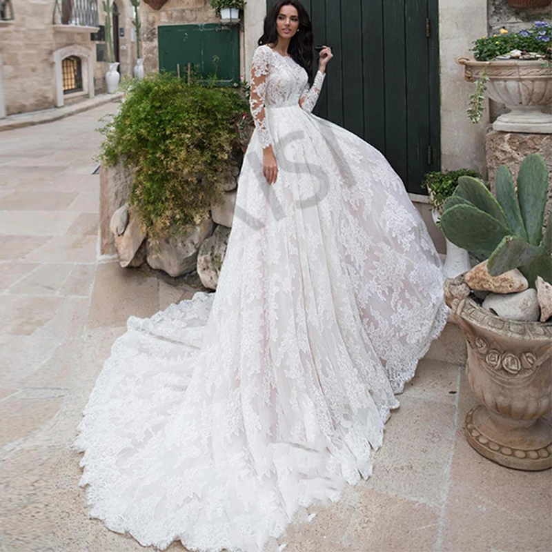 

Exquisite Wedding Dresses Lace Appliques Vestidos De Novia O Neck Luxury Full Sleeve Elegant Woman Charming Robe de mariee