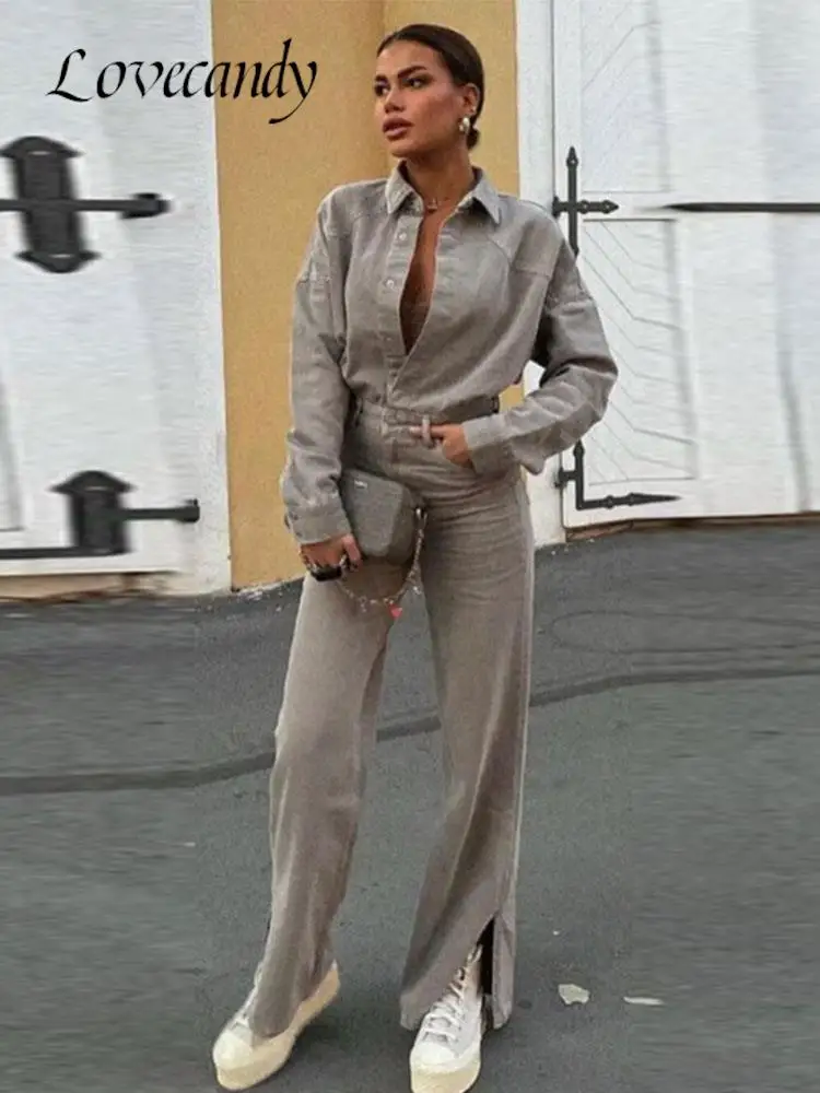 

Women Casual Loose Cotton Jumpsuit Fashion Long Sleeve Straight Rompers 2023 New Lapel Split Female Streewear Jumpsuits