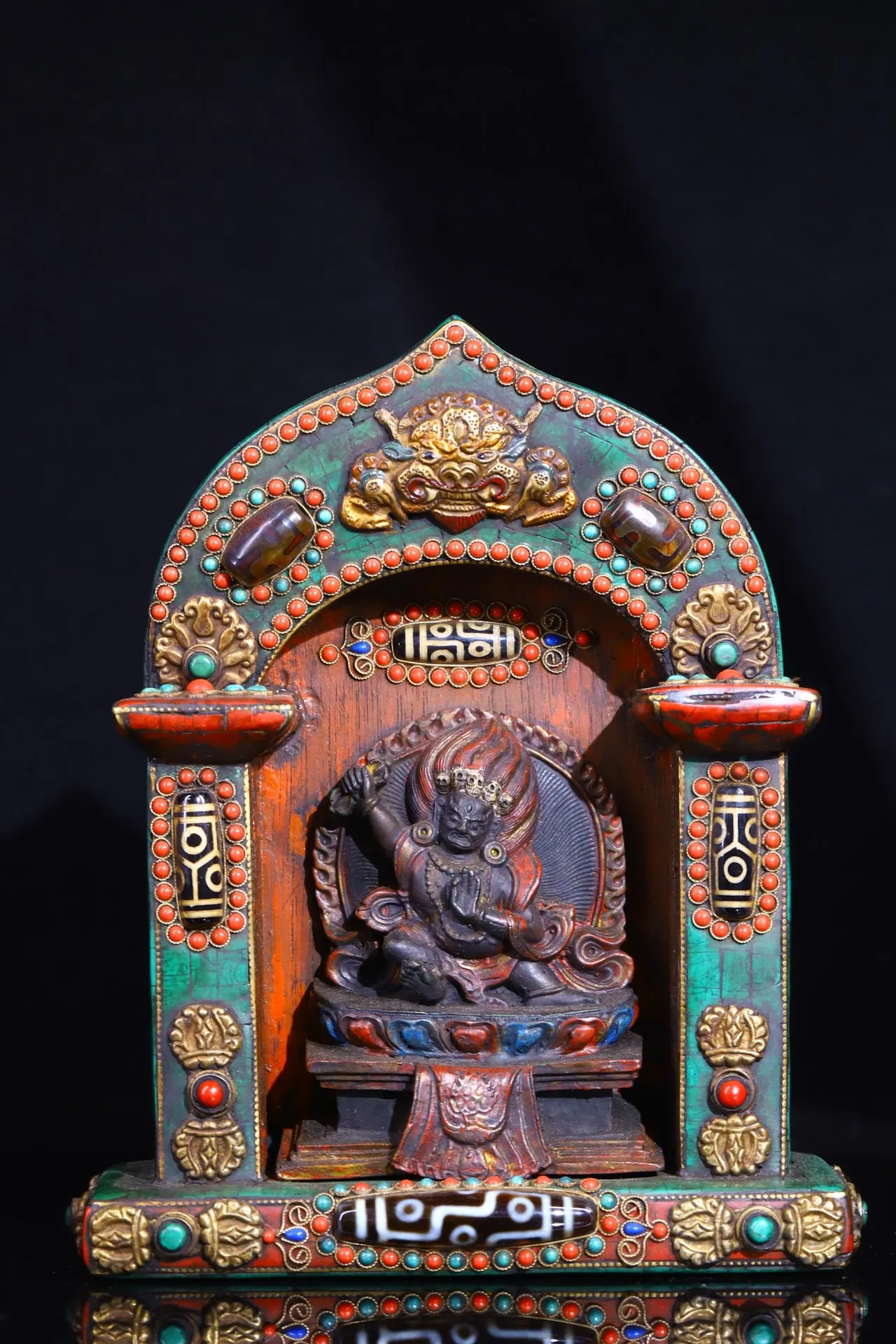 

9" Tibetan Temple Collection Old Bronze painted mosaic Gem Dzi Beads animal pattern Vajrapani Bodhisattva Buddhist niche