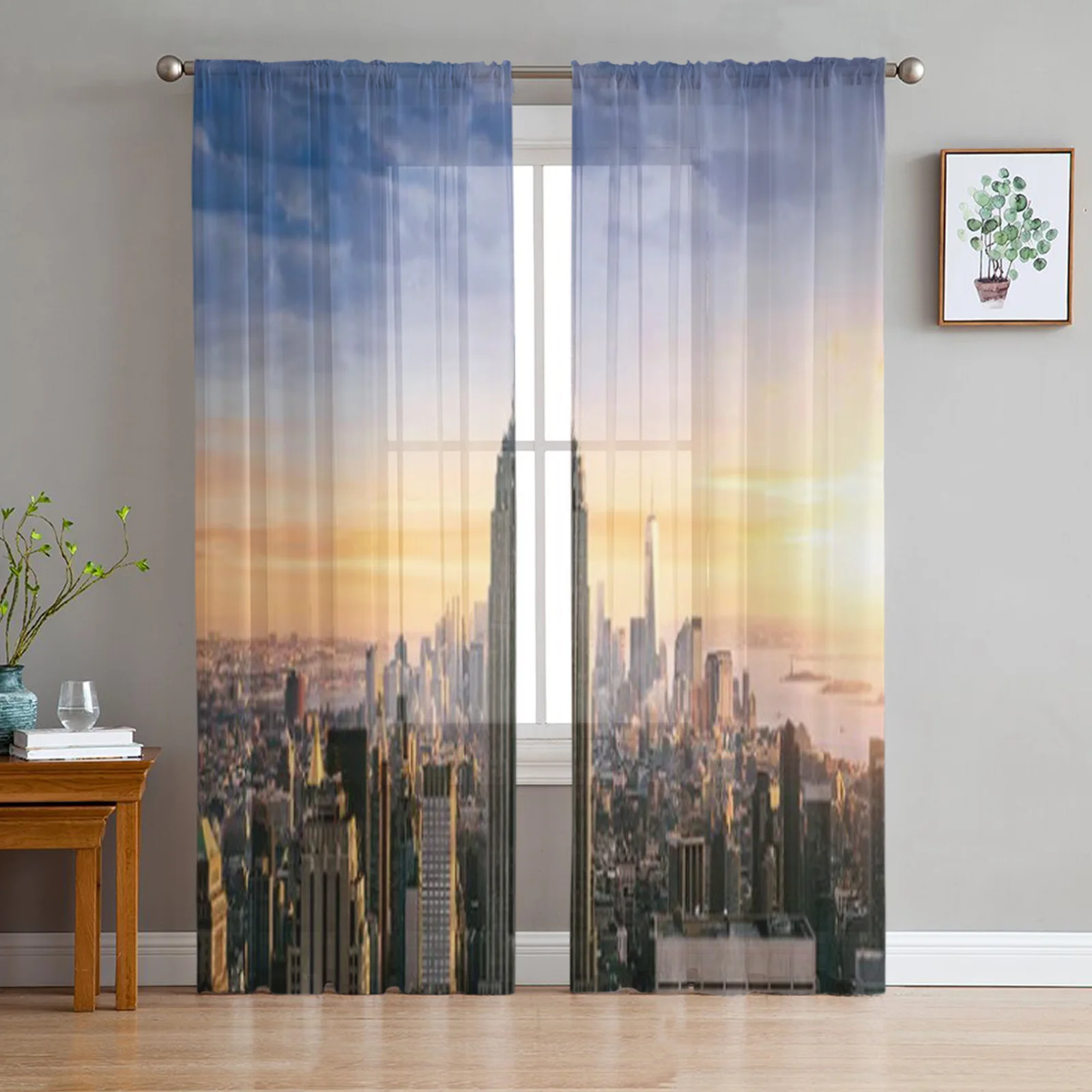 

Тюлевые занавески, прозрачные шторы с изображением Нью-Йорка и городских небоскребов на закате, для гостиной, спальни