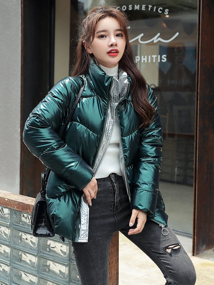 

Warm Bread Parka Short Padded Casual Thick Stand-Callor Oversized Cotton Coat Femme Parkas Light-Reflecting Jacket Women Winter