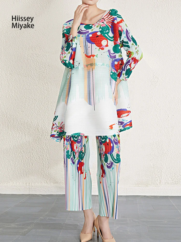 

Модный дизайнерский весенний женский костюм HiIssey Miyake в стиле ретро, плиссированный топ с длинным рукавом и удобные повседневные штаны с принтом
