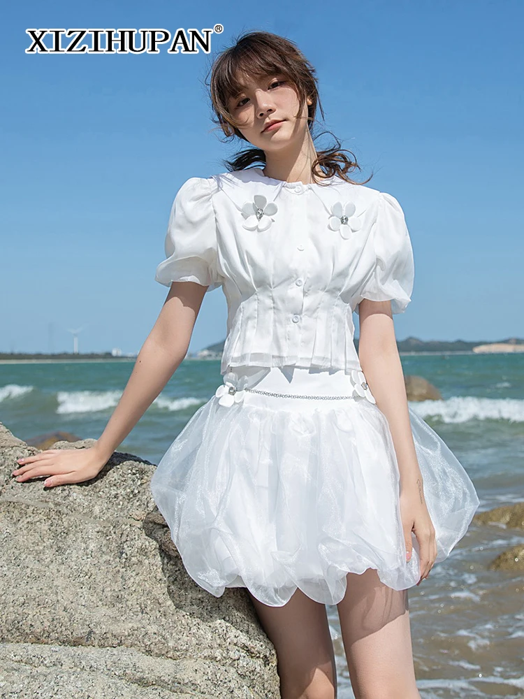 

XIZIHUPAN Sweet Two Piece Set For Women Lapel Patchwork Appliques Tops High Waist Shorts Skirts Female Sets 2022 Summer Clothing