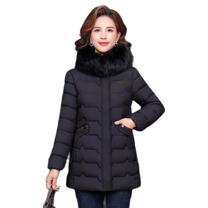 

New Winter Jacket Female Down Cotton Padded Clothes Women Hooded Fur Collar Casual Slim Parkas Middle-aged Coat Overcoats XL-5XL