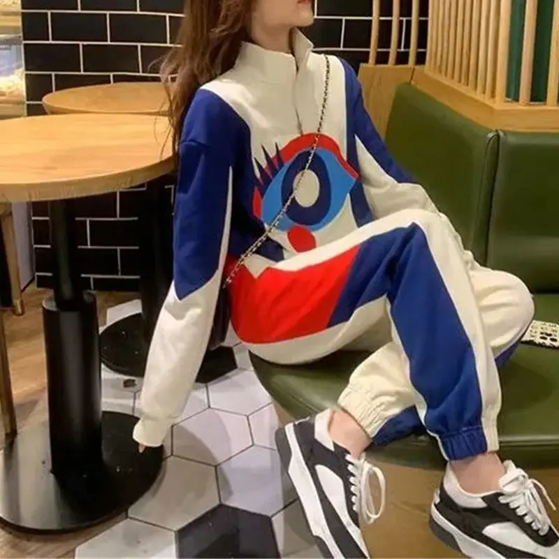 

Woman Fashion Tracksuit Two Piece Set Female Zipper Print Jacket and Long Pants Sports Suit Lady Sweatshirt Sportswear Suit G120
