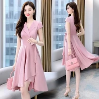 korean fashion asymmetrical dress women elegant v neck bandage dress summer short sleeve solid colors high waist modest dress