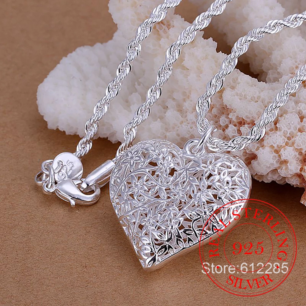 

Hot 925 Sterling Silver Hollow Out Frosted Flower Heart Pendant with Thin/snake/twist Rope Chain Necklace for Women