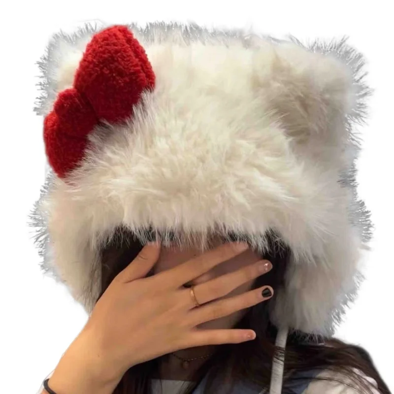 Новая шапка с кошачьими ушками для холодной погоды плюшевая бантом девочек