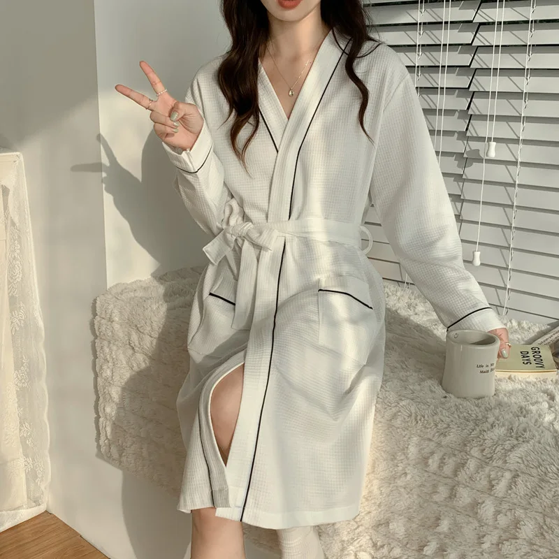 

Women Cotton Pajama Nightgown Pocket Loose Soft Breathable Long Sleeve Home Wear Nightdress Medium Length Bathrobe Spring Autumn