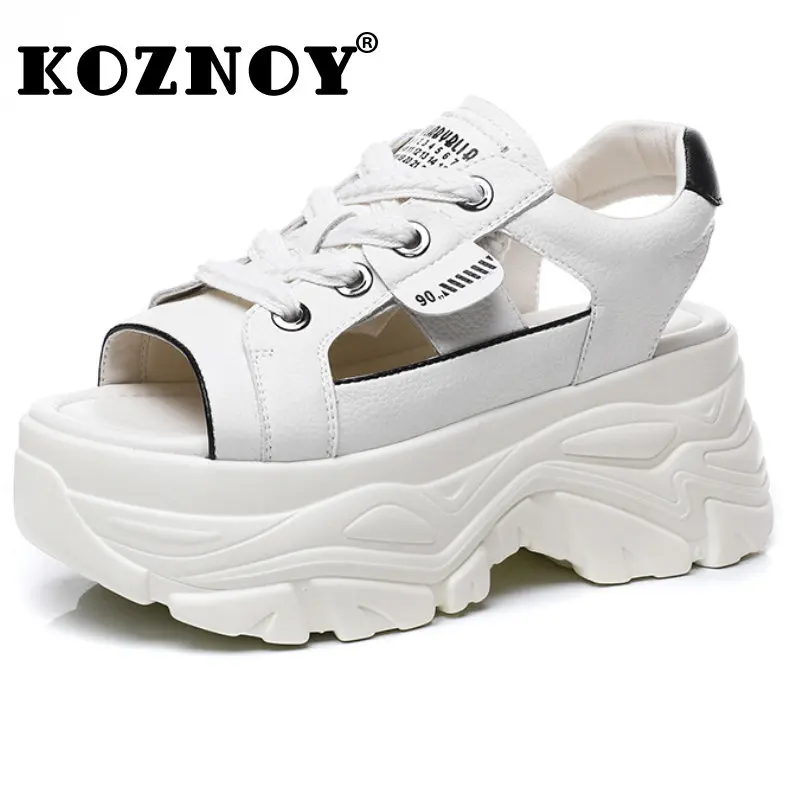 

Koznoy 8CM Genuine Leather Vulcanize Platform Wedge Fashion Women Summer Breathable Chunky Sneaker Hollow Peep Toe Comfy Shoes