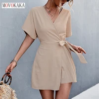 movokaka summer sexy rompers playsuits women bandage v neck straight wide leg pants women jumpsuits solid casual woman playsuits