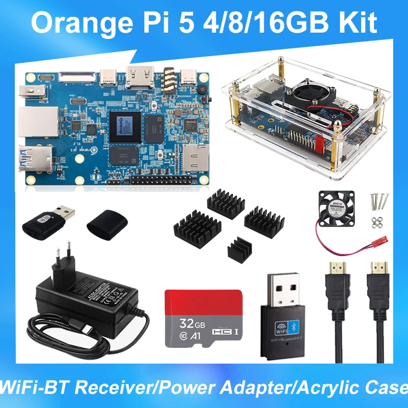 

Clearance Orange Pi 5 4 8 16GB RK3588S PCIE Module External WiFi+BT Receiver Gigabit Ethernet SSD Single Board Optional Acrylic